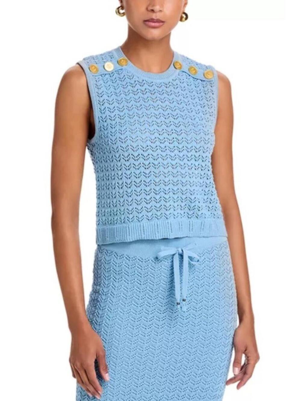 New L'AGENCE Max Crewneck Pointelle Knit Sweater Top In Pale Blue Sz M $375